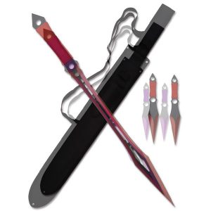 27" Tactical Machete Sword w/ Two 7 1/2" Throwing Knives - Red (T661086RD)