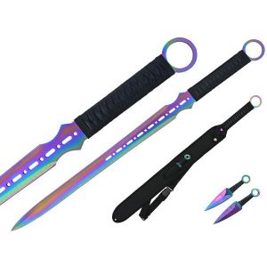 27″ Ninja Sword Vented Iridescent Blade + Throwing Knives (T63105COL)
