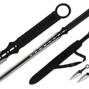 27″ Ninja Sword Vented Silver/Black Blade + Throwing Knives (T63105)