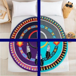 Silk Touch Sherpa Lined Round Blanket - Medicine Wheel With Eagle Feathers (1715)