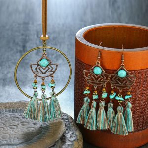 JS22231 - Metal Turquoise Indigenous Earrings & Necklace Set