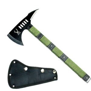 14 1/2" The Bone Edge Black Blade Tactical Axe with Sheath Green Handle - 6184