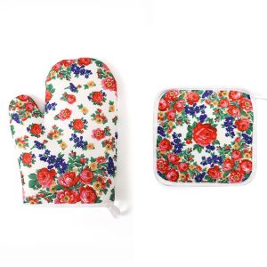Floral Oven mitt and pot holder white