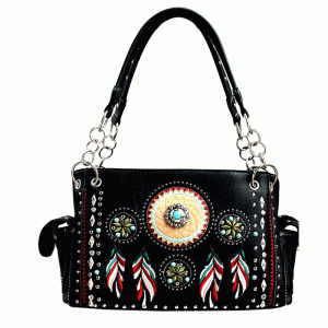 Western Style Tribal Feather Embroidery Concealed Handbag - Black (G939W148 BK)