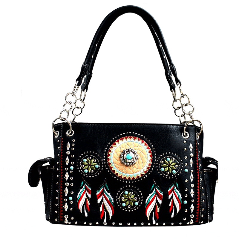 Western Style Tribal Feather Embroidery Concealed Handbag - Black (G939W148 BK)
