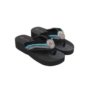 Mandala Cross Concho Fringe Wedge Western Flip-Flop - Assorted Sizes- Black( SE105-S185BK)
