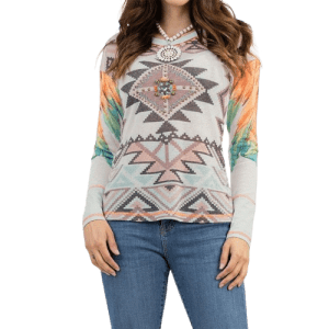 Delila Women's Mineral Wash “Aztec” Graphic Long Sleeve  -White- Large (T021WT-L)