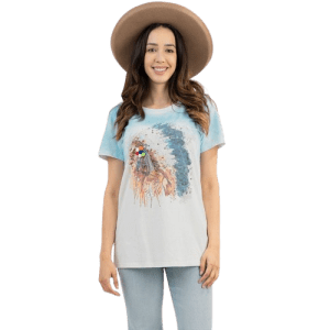 Delila Women's Mineral Wash “Tribe” Graphic Short Sleeve Tee-Medium-Blue w/White (T022WT-M)