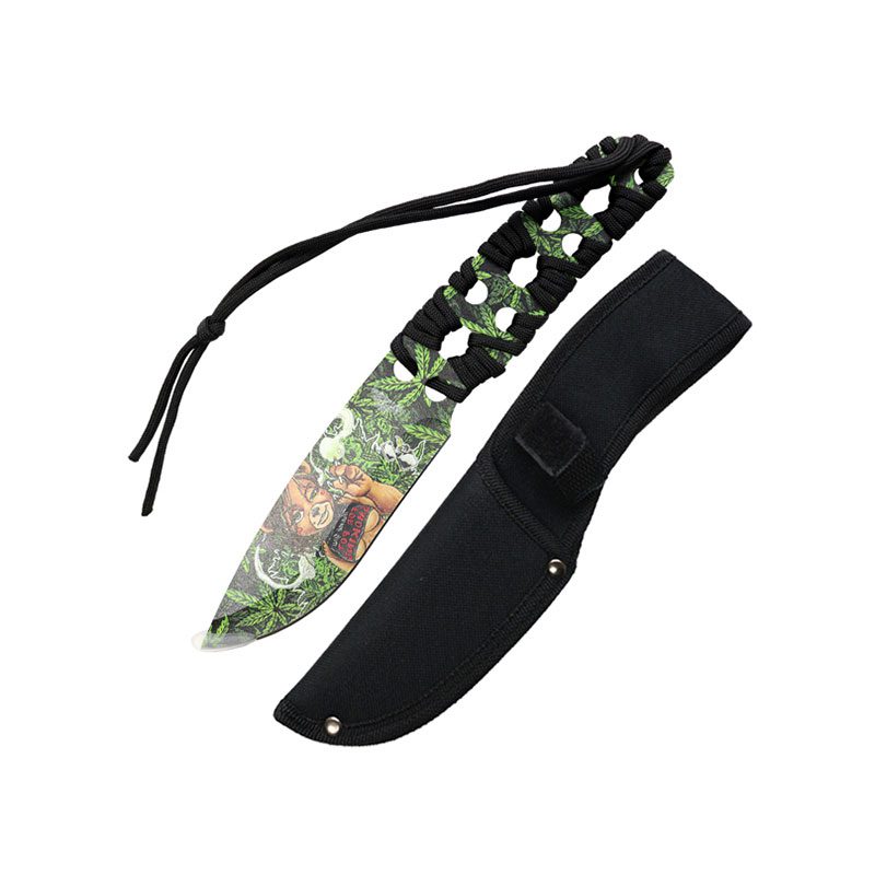 Defender 10"3D Leaves & Girl Pattern Blade With Black Nylon Cord Wrapped Handle Hunting Knife (14067