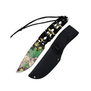 Defender 10"3D Girl & Leaves Pattern Blade With Black Nylon Cord Wrapped Handle Hunting Knife(14069)
