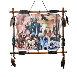 Chief with Wolves & Horses - Square Shape Wall décor With Feather (20220324-11)