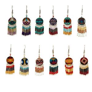 Hand Painted  Round Shape Ceramic Earring W/ Short Beaded Dangle  (CER-SR-EAR)