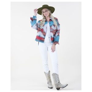 Southwestern Print Shacket w/ Front Pockets & Fray Trim - Orange Turquoise  (FP64613-ORTQ)