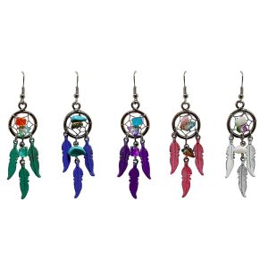 Metal Dream Catcher Earring w/ Colored Feather Dangle (NDC-M-CMFT)