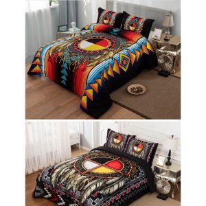 Micro Mink Sherpa Lined Queen 3 Piece Blanket Set - Medicine Wheel (0258-MW)