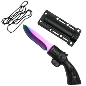 Defender-Xtreme 5.5" Rainbow Hunting Gun Style Knife w/ Necklace 3CR13 Steel - (13832)