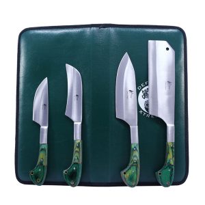 The Bone Edge 4 Pcs Chef's Kitchen Knife Set Green Wood Color Handle Hand Made With Pouch - (14311)