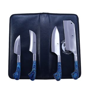 The Bone Edge 4 Pcs Chef's Kitchen Knife Set Blue Wood Color Handle Hand Made With Pouch - (14312)
