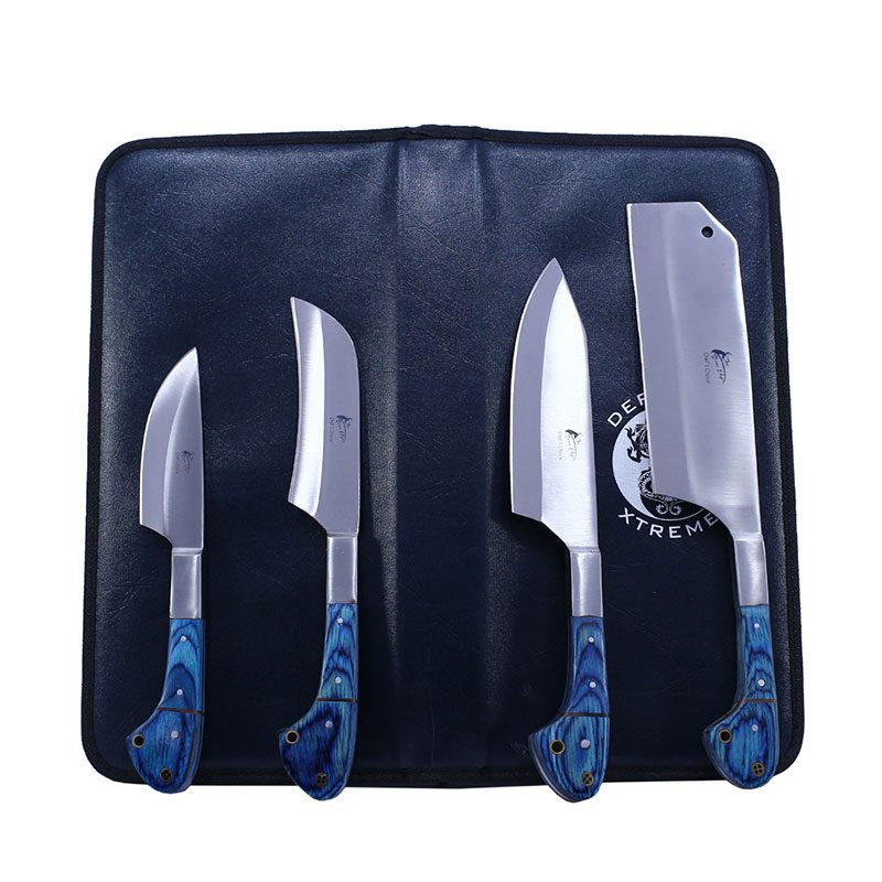 The Bone Edge 4 Pcs Chef's Kitchen Knife Set Blue Wood Color Handle Hand Made With Pouch - (14312)