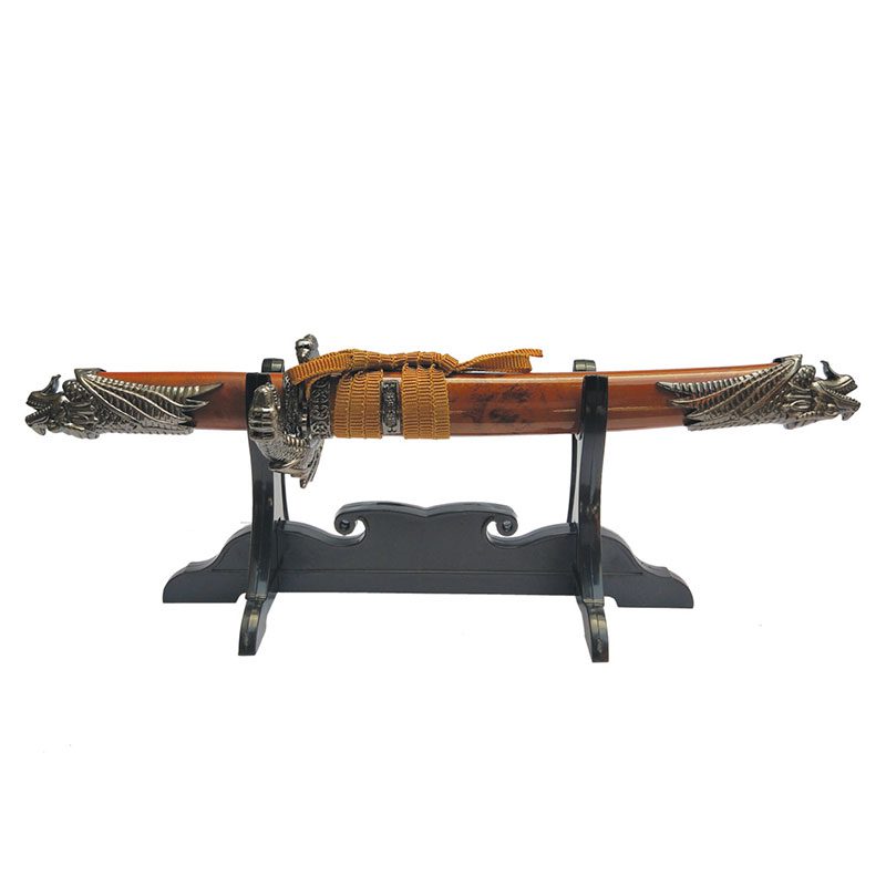 Defender 13" Dragon Design Handle Brown Samurai Mini Katana Sword With Wood Stand - (14362)