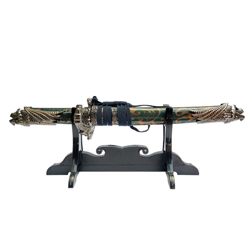 Defender 13" Dragon Design Handle Blue Samurai Mini Katana Sword With Wood Stand - (14363)