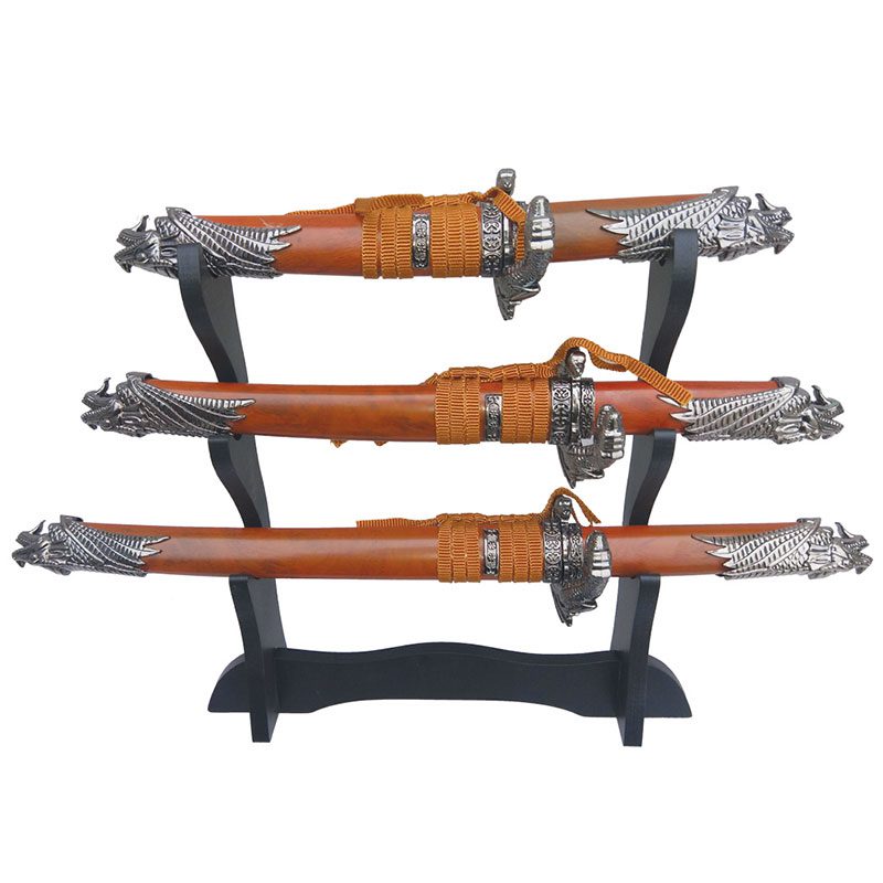 Defender 3Pcs Set Dragon Design Handle Brown Samurai Mini Katana Sword With Wood Stand - (14365)