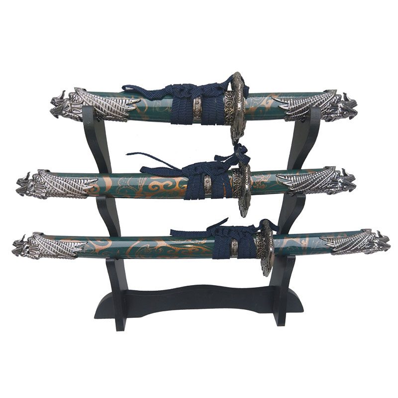 Defender 3Pcs Set Dragon Design Handle Blue Samurai Mini Katana Sword With Wood Stand - (14366)