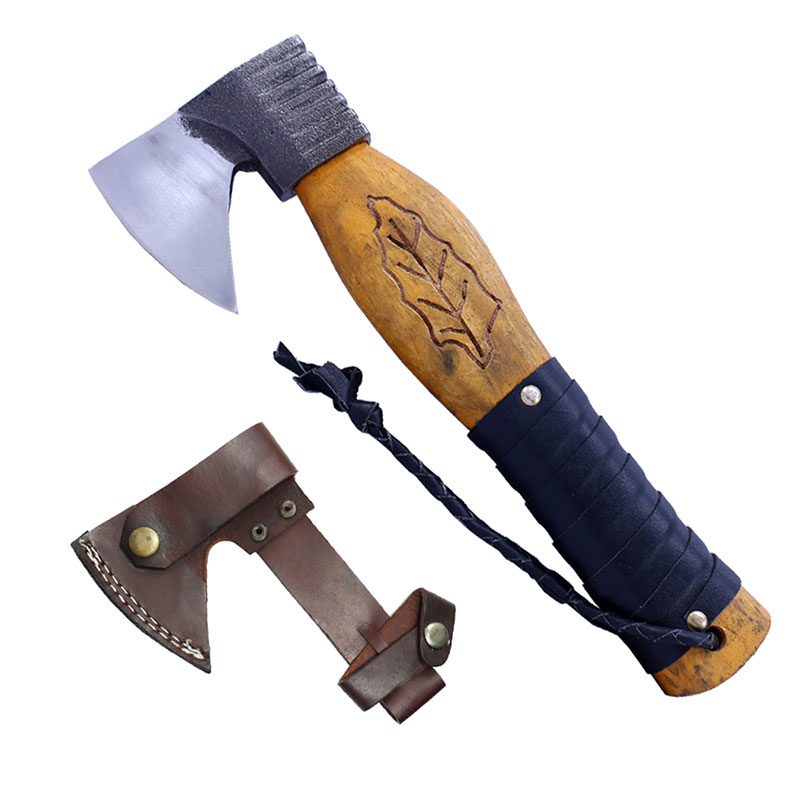 The Bone Edge 11" Hunting Axe Yellow Wood Handle Hand Forged Blade With Sheath - (14423)