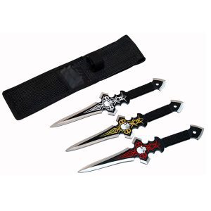 Set Of 3 Skull Design Black Throwing Knives With Sheath - (6666)