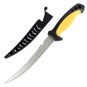 11.5" Defender Comfort Yellow Grip Fish Fillet Knife Serrated Edge Blade w/ Sheath - (9764B)