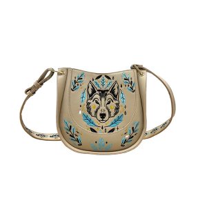 Wolf Headed Embroidery PU Leather Purse - Beige (NTV811)