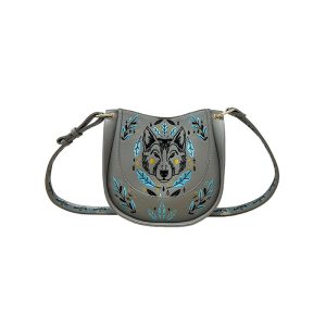 Wolf Headed Embroidery PU Leather Purse - Grey (NTV811)