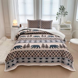 Bear Run Sherpa Lined 3 Pcs Queen Size Quilt Set - (6260-Bear Run)