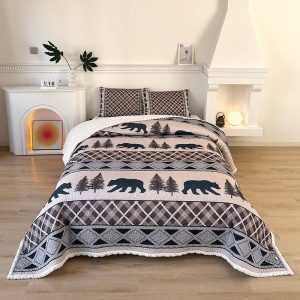 Bear Venture Sherpa Lined 3 Pcs Queen Size Quilt Set - (6260-Bear Tracks)