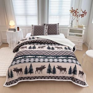 Salmon Run Creek Sherpa Lined 3 Pcs Queen Size Quilt Set - (6260-Salmon Run Creek)