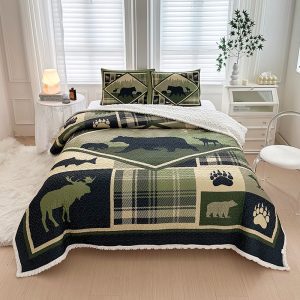 Wild Retreat Green Sherpa Lined 3 Pcs Queen Size Quilt Set - (6260-Wild Retreat Green)