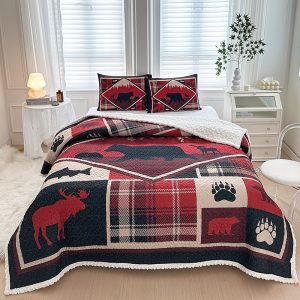 Wild Retreat Red Sherpa Lined 3 Pcs Queen Size Quilt Set - (6260-Wild Retreat Red)
