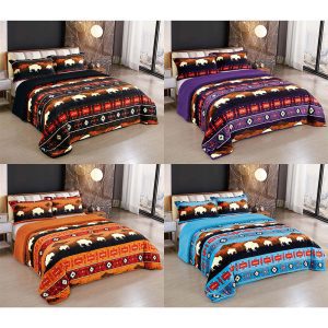 King Size 3 Pcs Rustic Bison Design Silk Touch Reversible Sherpa Lined Blanket Set - (1937)