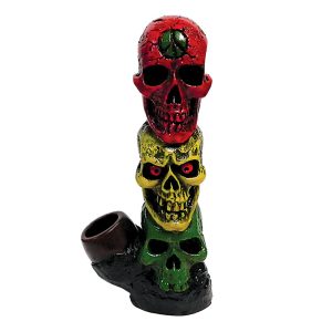HAND CRAFTED MEDIUM PIPE- 3 SKULL RASTA