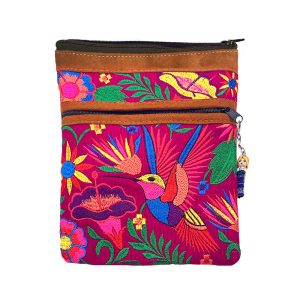Embroidered Hummingbird Leather Cross Body Purse, Passport Bag (NICOLE-HB-PP)
