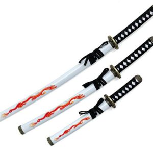 39" Dragon Print Samurai Sword 3pcs Set w/ stand Style 1-White (T60084WT)