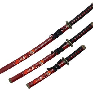 39" Dragon Print Samurai Sword 3pcs Set w/ stand Style 2-Red (T60085RD)