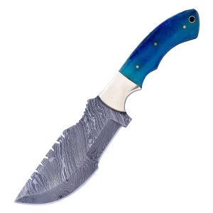 TheBoneEdge 10" Damascus Blade Tracker Hunting knife Blue Bone Handle With Leather Sheath - 14443
